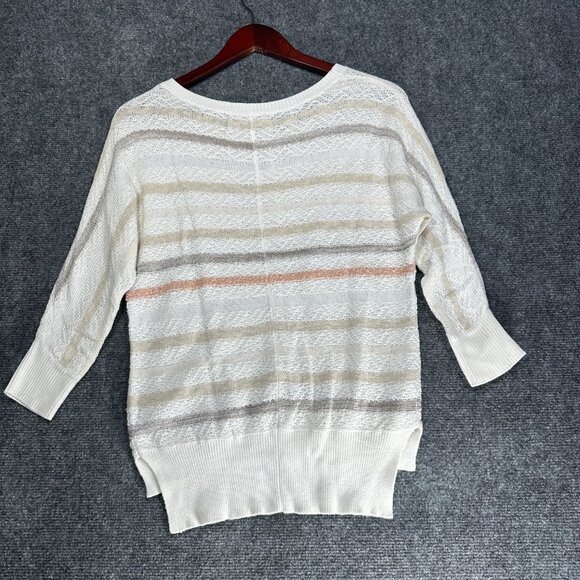 Ann Taylor LOFT Sweater Women XS White Striped Loose Knit Cotton Linen Pockets - Picture 7 of 9